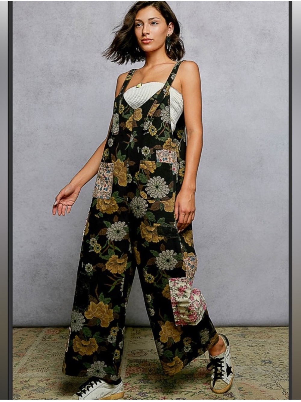 New: POL Floral Mixed Patchwork Patch Pockets Boho Wide Leg Overalls• Medium